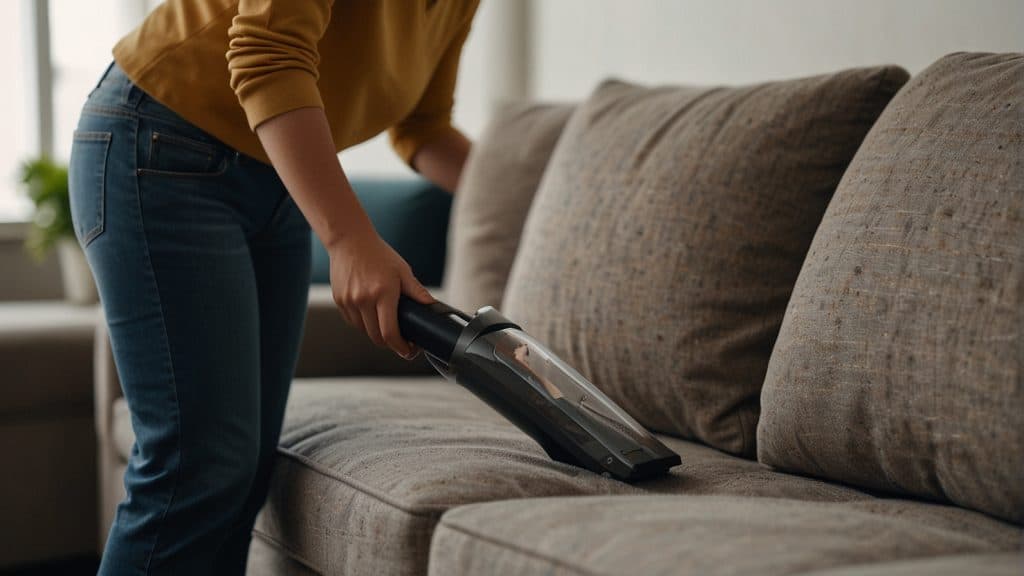Person using a vacuum cleaner to gently clean the surface of a sofa, removing dust and dirt particles.How Do You Clean Sofa