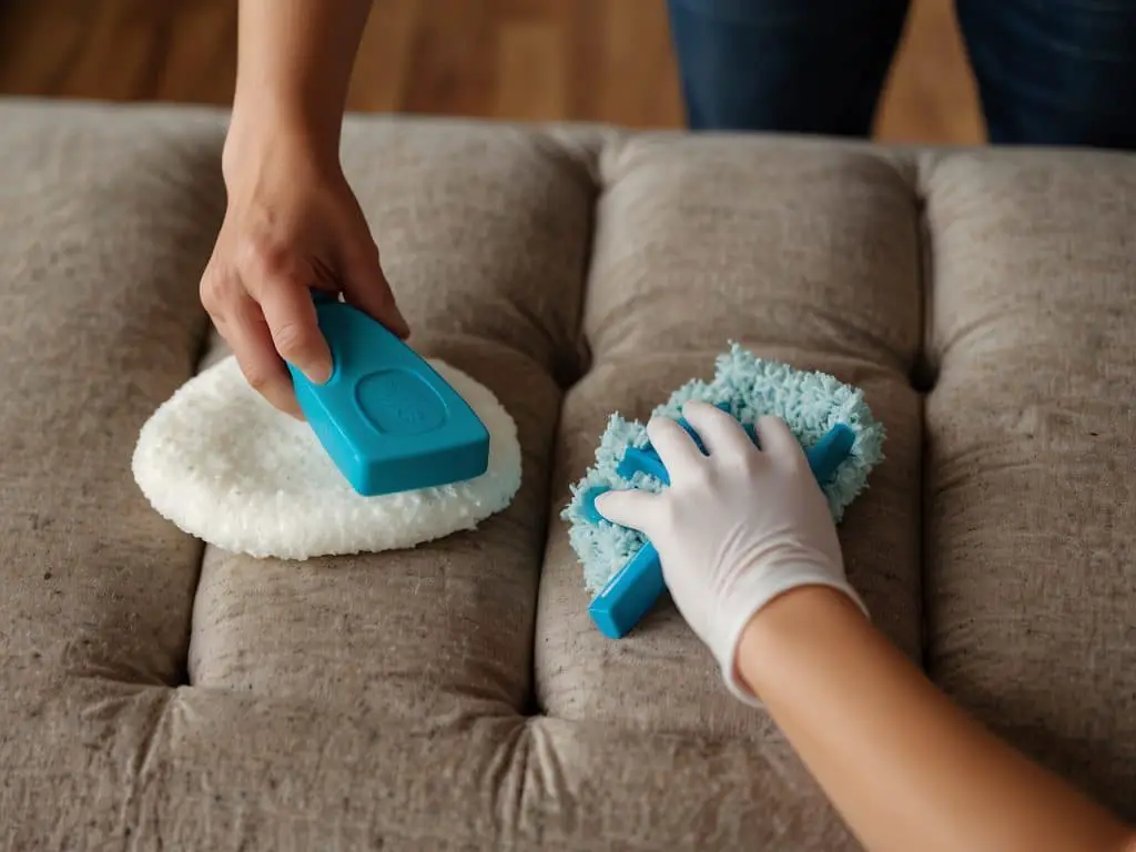 Individual applying upholstery cleaner foam on a sofa cushion and using a brush to scrub and lift stubborn stains.How Do You Clean Sofa