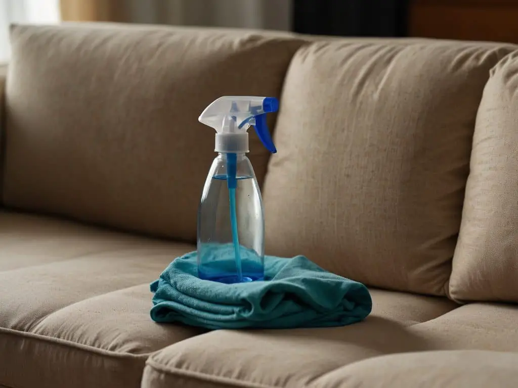 Spray bottle and cloth placed on a sofa cushion, illustrating spot-cleaning tools for tackling stains and spills.How Do You Clean Sofa