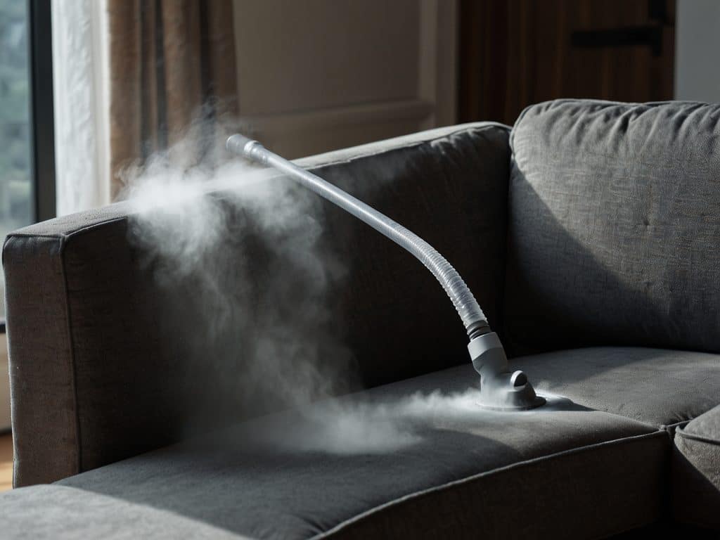 Steam cleaner releasing steam onto a sofa surface, effectively sanitizing and deodorizing for a fresh clean.How Do You Clean Sofa