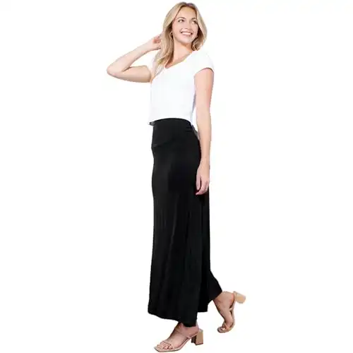 Azules Maxi Skirt for Women- Elegant Long Women's Skirts- Solid Color, Soft, Stretchy, Flowy Boho Rayon- Womens High Waist Fold Over for Any Occasion - Black, Small