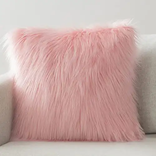 Phantoscope Faux Fur Solid Decorative Pillow Cover Fluffy Throw Pillow Mongolian Luxury Fuzzy Pillow Case Cushion Cover for Bedroom and Couch,Pink 18 x 18 Inches