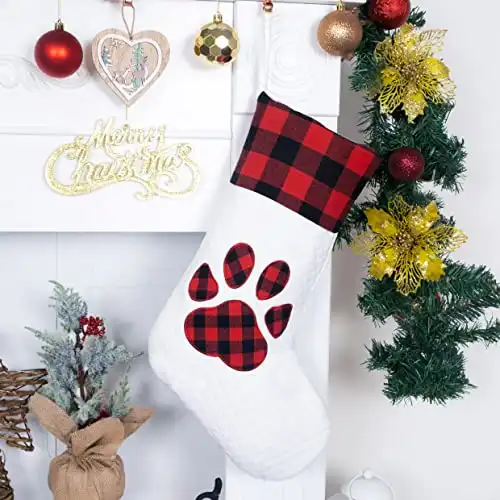 LUBOT 20" Dog Christmas Stockings Bone Pet Paw Silhouette Buffalo Red Plaid/Rustic/Farmhouse/Country Fireplace Hanging Xmas Stockings for Family Holiday Season Decor